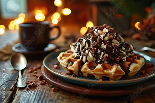 Delicious waffles with choc...
