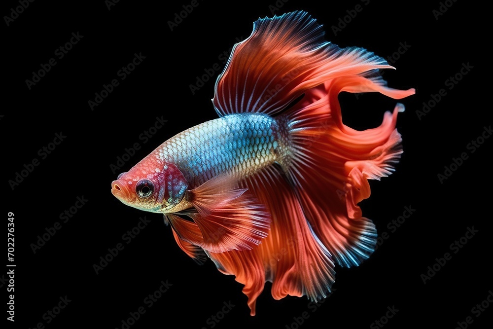 Fototapeta premium Beautiful movement of red betta fish, The moving moment beautiful of Siamese Fighting fish, Rhythmic of Betta fish isolated on black background. ai generative