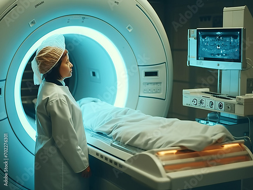 A person is examined by doctors using a Magnetic Resonance Imaging machine. AI generated