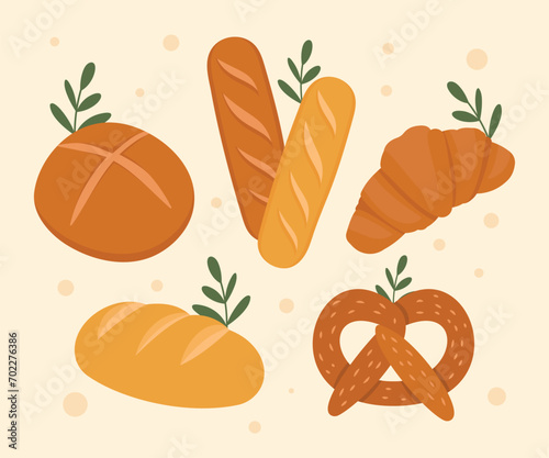 Bread and bakery vector design art. Cute icon of kinds of fresh tasty bread 