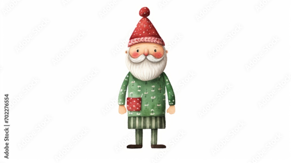 Cute character elderly man watercolor illustration in Christmas style on white background. Red and green colors.