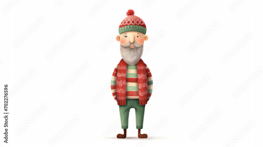 Cute character man watercolor illustration in Christmas style on white background. Red and green colors. Cute character man watercolor illustration in Christmas style on white background. Red and green colors.