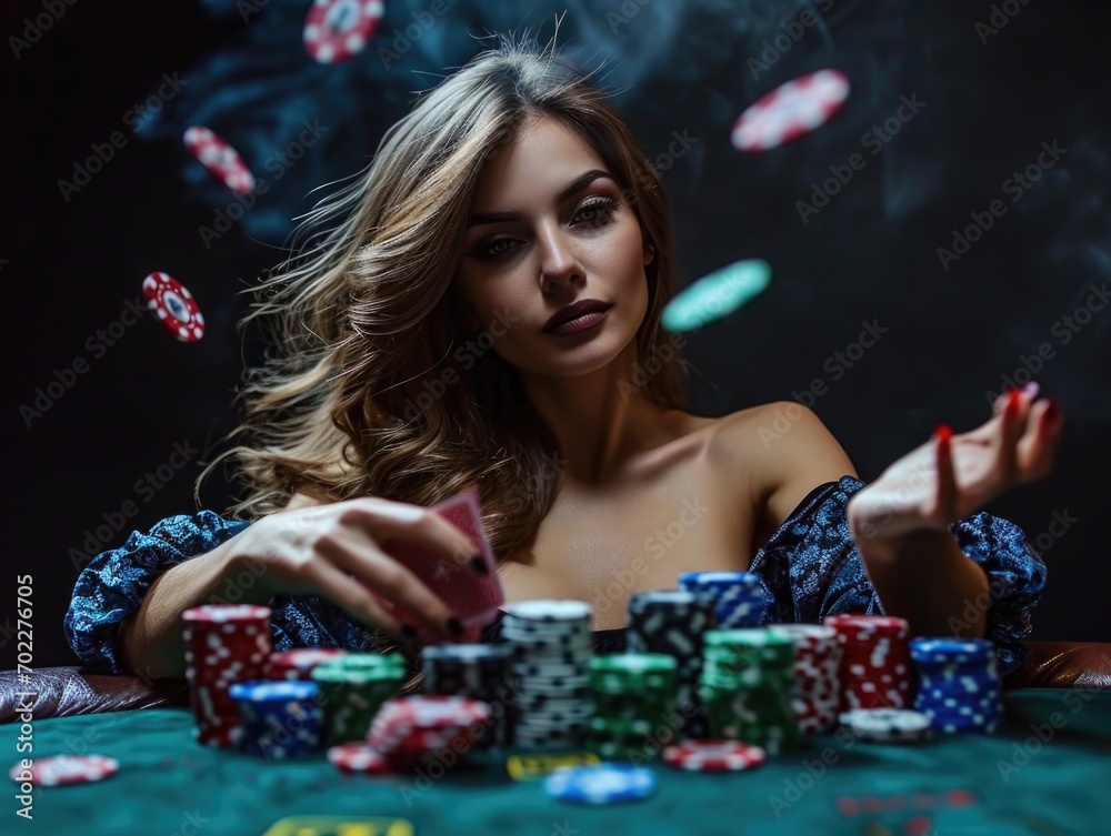 Elegance at the table: a beautiful woman playing texas hold'em poker, style and confidence in the thrilling world of cards, chips, strategic gameplay, glamour meets the art of chance. Elegance at the table: a beautiful woman playing texas hold'em poker, style and confidence in the thrilling world of cards, chips, strategic gameplay, glamour meets the art of chance.