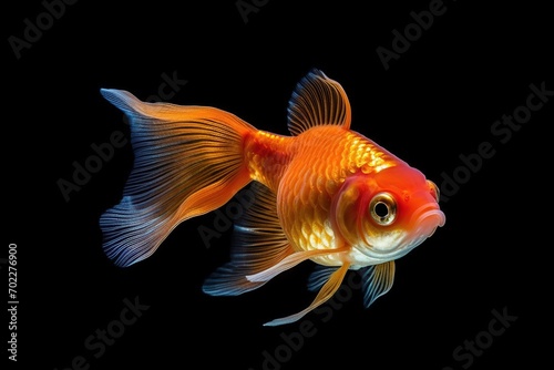 Goldfish in fresh water aquarium, swim in the dark background. ai generative