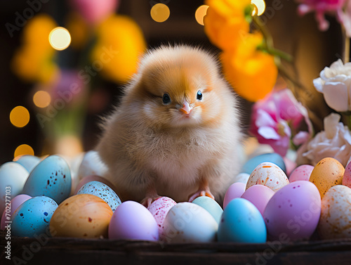 Cute chicken on Easter eggs. Easter holiday. AI created.
