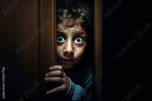 Scared boy in a dark room peeking out of the closet. A boy alone in the dark