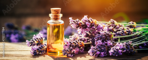Essential aromatic oil and lavender flowers, natural remedies, aromatherapy. The concept of tranquility, relaxation, and sleep.