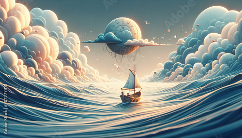 A whimsical animated art style depiction of a small boat adrift in the middle of a vast, empty ocean.
