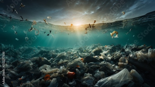 ocean pollution with an image featuring a variety of plastic trash including bags and bottles floating in the sea.This impactful visual captures the environmental challenges posed by plastic waste