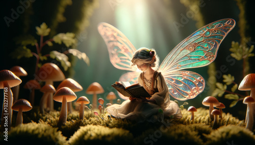 An animated fairy with delicate, translucent wings, engrossed in reading a tiny, intricately detailed book. photo