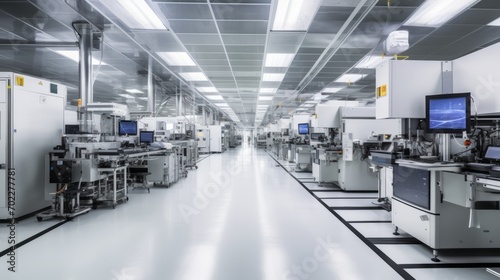 interior space of Advanced Semiconductor Production Fab Cleanroom with Working Overhead Wafer Transfer System Male worker having discussion in flexible electronics factory clean room photo