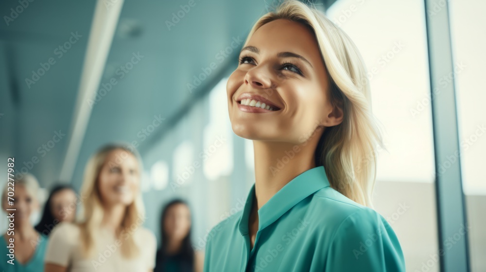 corporate business concept Group of people low angle view modern office,profile view of team corporate businesswoman portrait shot in formal stylish cloth in pastel teal color corporate business concept Group of people low angle view modern office,profile view of team corporate businesswoman portrait shot in formal stylish cloth in pastel teal color