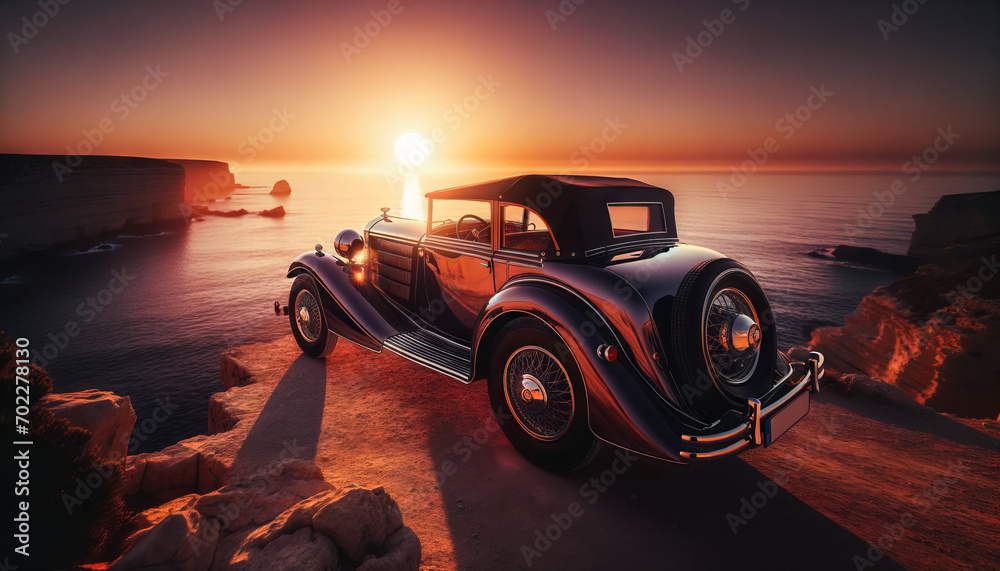 A vintage car parked on a cliff overlooking the ocean at sunset.