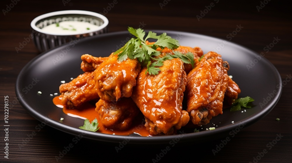 A plate of mouthwatering buffalo wings, their rich aroma filling the air as the tangy sauce clings to every crispy crevice. Each bite promises a symphony of flavors and textures.