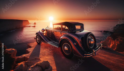 A vintage car parked on a cliff overlooking the ocean at sunset. © FantasyLand86