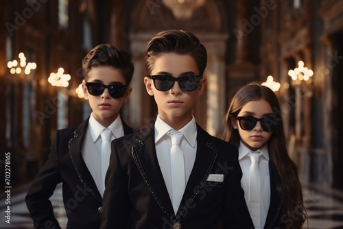 Group of modern children posing in school uniform and sunglasses in luxurious apartments. School fashion