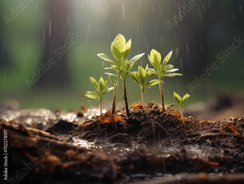 a young plant sprouts from the ground in the rain