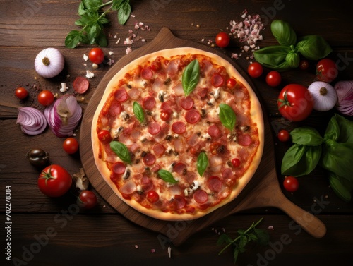 Italian Pizza Preparation: Ingredients and Spices - Mushrooms, Tomatoes, Cheese, Onion, Olive Oil, Pepper, Salt, Basil, and Olives on a Stylish Black Concrete Background. Copyspace Available. Top View