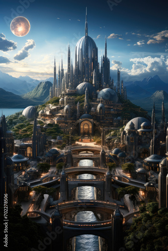 view of the futuristic city from the air