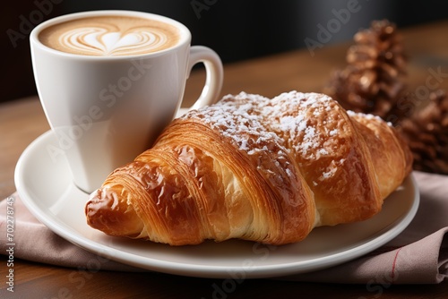 Breakfast view a bunch of croissant and a cup of coffee with cafe vibe background. ai generative