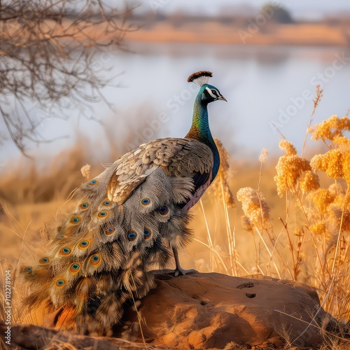 Peacock In the Savana, Generative AI photo