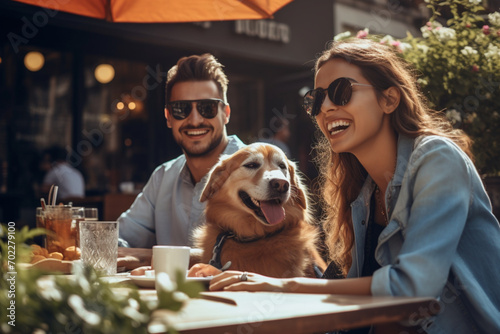 Happy friends sitting with dogs in sidewalk cafe