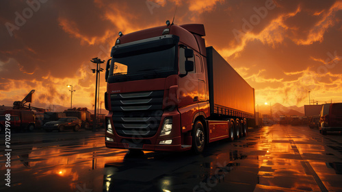 Parked Trucks Silhouetted Against a Bright Sunrise, Ready to Start a New Day's Journey.