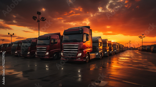 Parked Trucks Silhouetted Against a Bright Sunrise, Ready to Start a New Day's Journey.