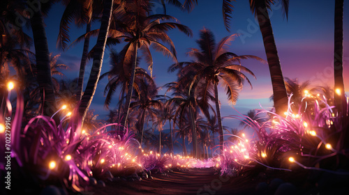 Palm Trees Adorned with Christmas Garlands and Fairy Lights, Illuminated by LED Light Bulbs Wrapped Around Their Trunks Against a Blue Night Sky, Creating a Unique Festive Atmosphere © Lila Patel