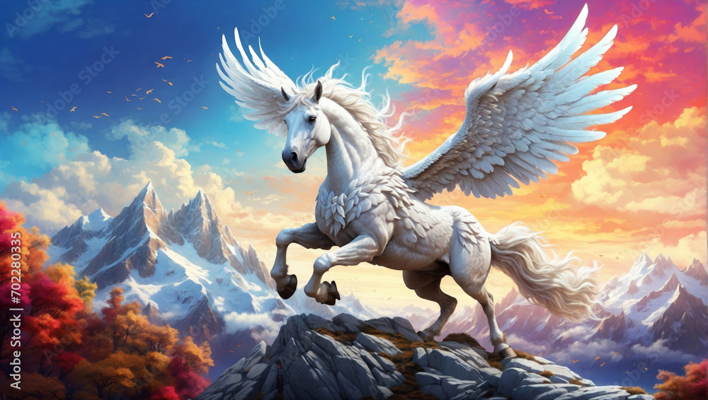 A magnificent white Pegasus in a fantasy world