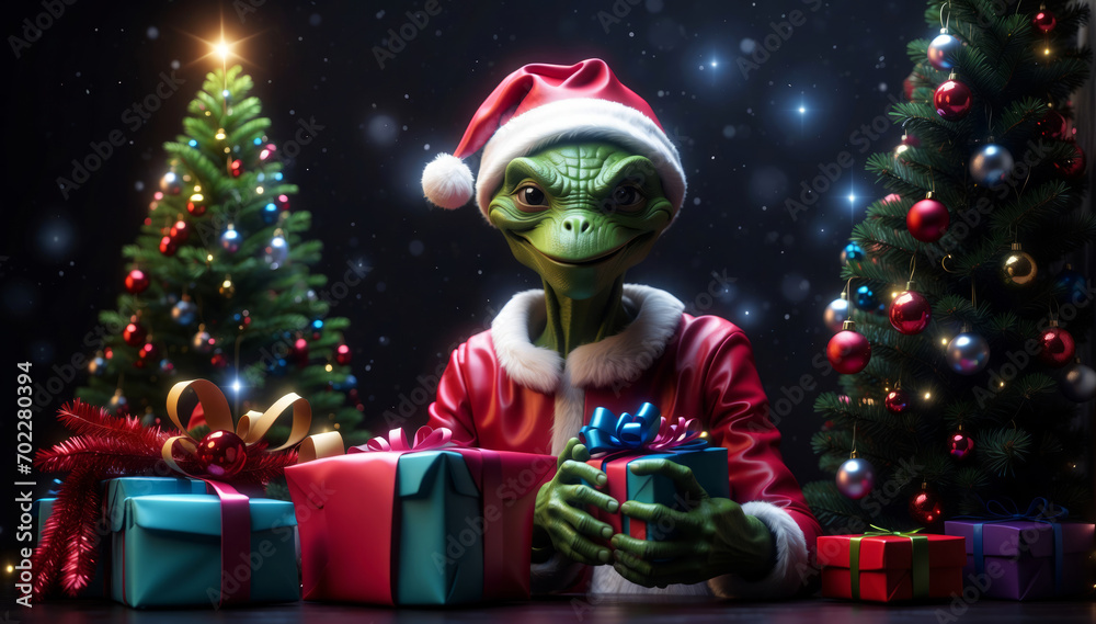 An alien as Santa Claus shows his presents in front of Christmas trees
