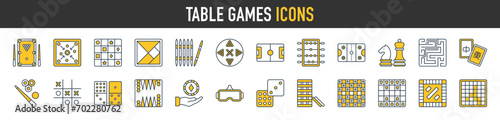 Table games icon set. Such as roulette wheel, puzzle, casino chips, maze, backgammon, table tennis, billiard icons vector collection.