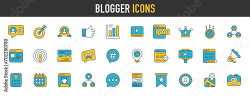 Blogger icons. Data analytics, Management, Message, Website, Blog, Content, Business marketing, Social network and more. Vector icon illustration