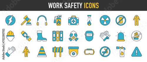 Protection and work safety the workplace icon set. work area safety, icons. Notification and warning of danger. Vector icon collection illustration.
