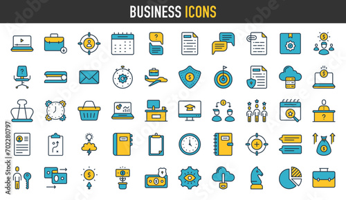 Business icons. Business and Finance web icons. Money, bank, contact, teamwork, human resources, meeting, partnership, success, meeting, work group, infographic. Icon collection. Vector illustration.
