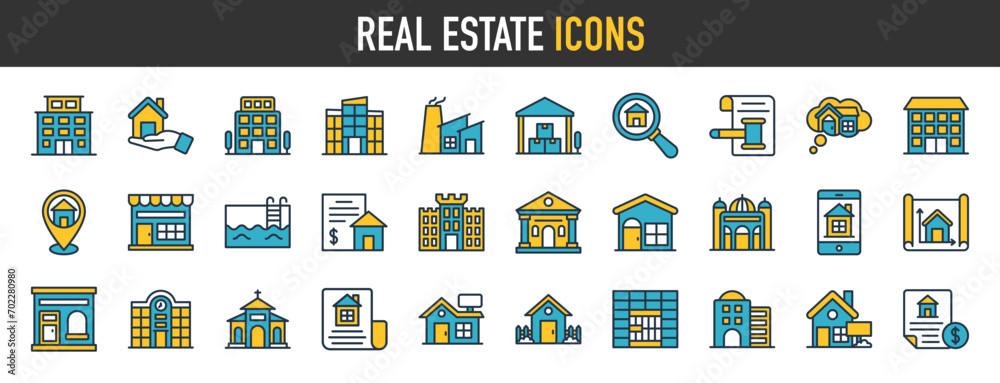 Real estate icon set. Included the icons as realty, property, mortgage, location, home loan and more. icons collection simple vector illustration Real estate icon set. Included the icons as realty, property, mortgage, location, home loan and more. icons collection simple vector illustration
