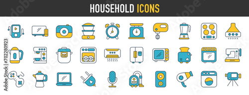 Household appliances vector icons. Such as toaster, blender, hairdryer, electric range, video and photo camera. Vector icon collection