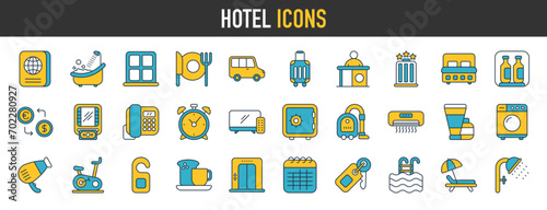 Hotel icons set. Set of apartment reservation, hotel booking, rent hostel room, airport, room area, flat rent, five-star hotel, service vector web icon