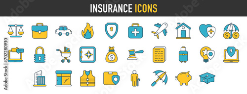 Insurance icon set. Containing healthcare medical, life, car, house, care, travel insurance icons. Solid icons vector illustration.