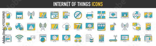 Internet of things icon set with wireless network and cloud computing digital IoT technology. Smart home, city, M2M, industry 4.0, healthcare, business solid sign vector illustration