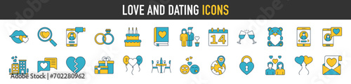 Love and dating icon set. Containing heart, couple, cake, cupid, passion, valentine, ring icons. Solid icon collection.