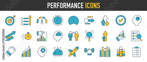 Performance icon set. Containing gain, improvement, grow, chart, increase, evolution and development icons. Solid icon collection. Vector illustration.