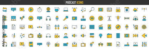 Podcast icon collection. Containing audio, webcast, video, news, microphone, record, podcasting, broadcasting and entertainment icons. Vector illustration.
