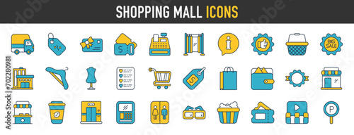Shopping mall concept icons set. Such as basket, big sale, cloakroom, wish list, cart, price tag, showcase and other. Vector symbols illustration