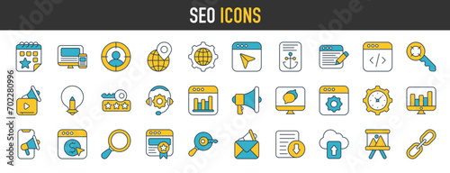 Seo icon set. Search Engine Optimization icon collection. Such as business and marketing, traffic management, social network, ranking, optimization, link and keyword. Solid icons vector illustration.
