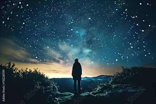 Starry night adventure. Silhouette of man in cosmic landscape. Embracing cosmos. Lone traveler amidst milky way. Hiking to infinity standing on mountain under sky
