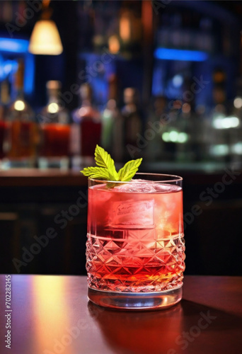 drink - Cocktail on the table outside seating of a bar, Sazerac incredients for the cocktail, summer cocktail, in a luxurious Michelin kitchen style, neon light (4)