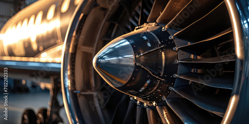 Close-up of a new aircraft turbine. Aviation, production and supply of passenger and military aircraft. Maintenance of air transport. photo