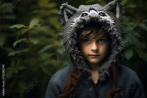 Kid Wearing Gray Wolf Critter Hat and Black Jacket
