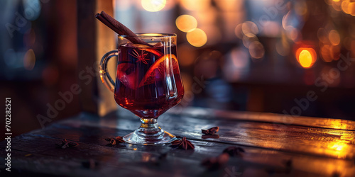 Close-up of Mulled wine in a beautiful glass with a cinnamon stick on wooden table. A traditional winter Christmas alcoholic cocktail, warming gluhwein. 